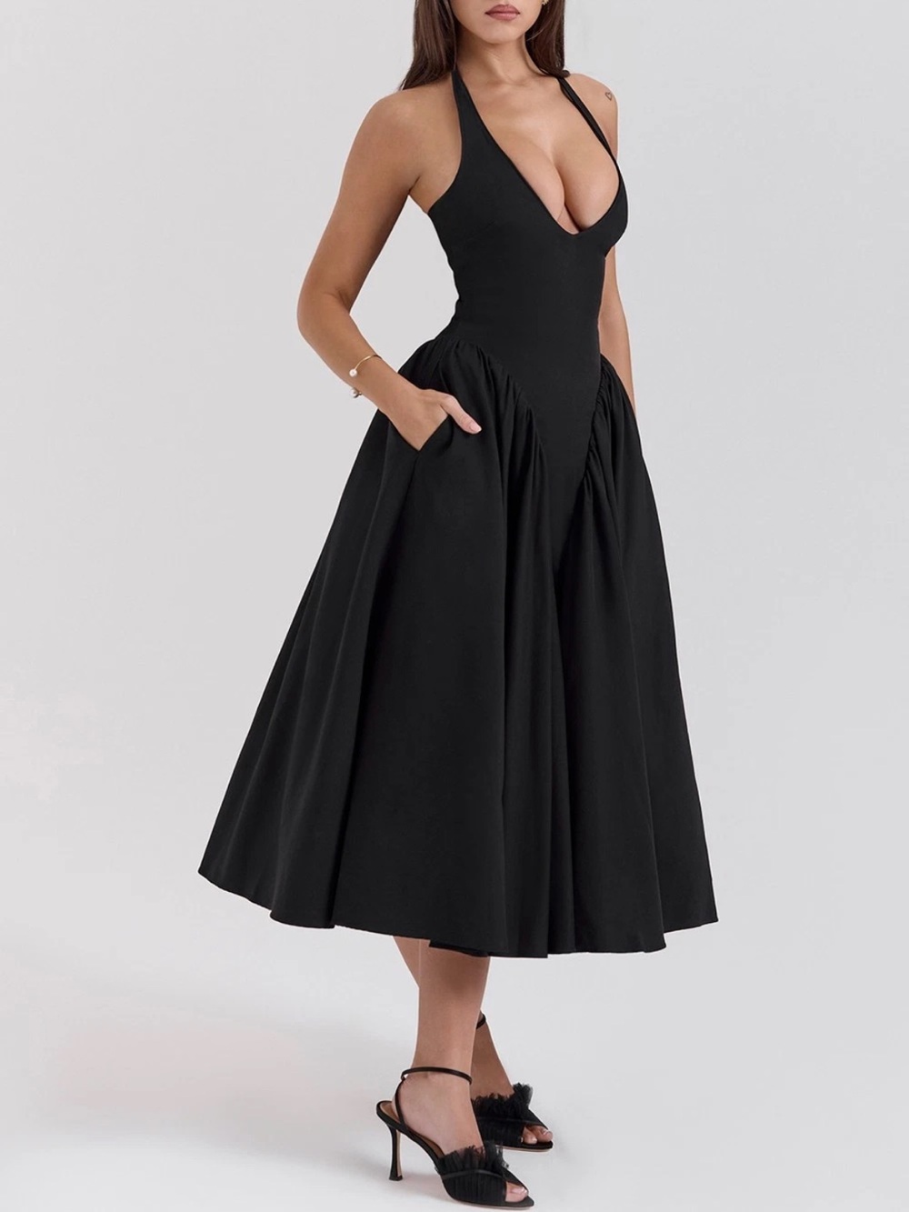 House of CB Marilyn black twill Halter Midi Dress